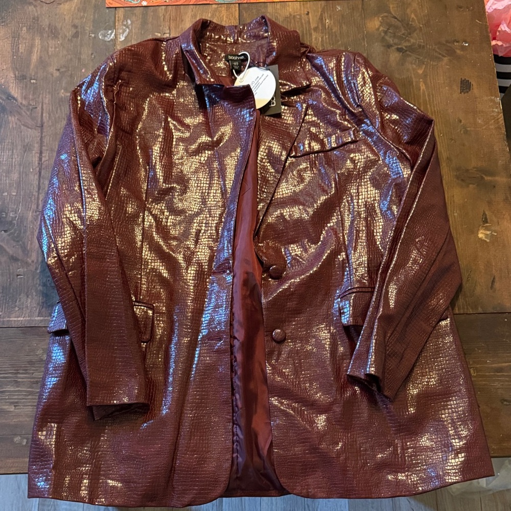 Womens BooHoo Shimmery Burgundy Blazer Jacket